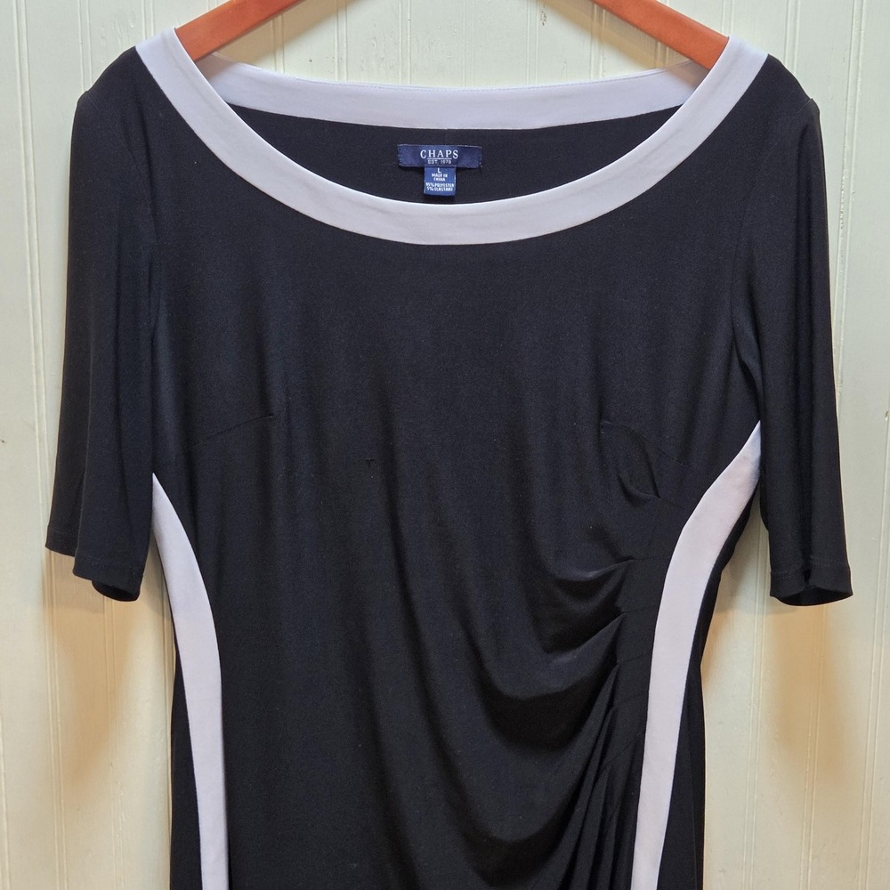 Chaps Dress Womens Large Black Colorblock Ruched Half Sleeve Sheath Knee Length